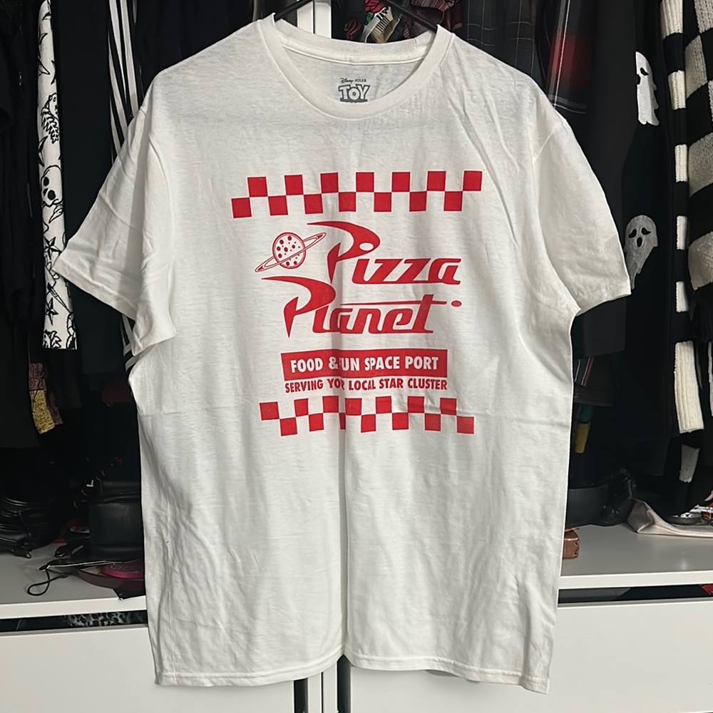 White Pizza Planet T-Shirt with Red Graphic